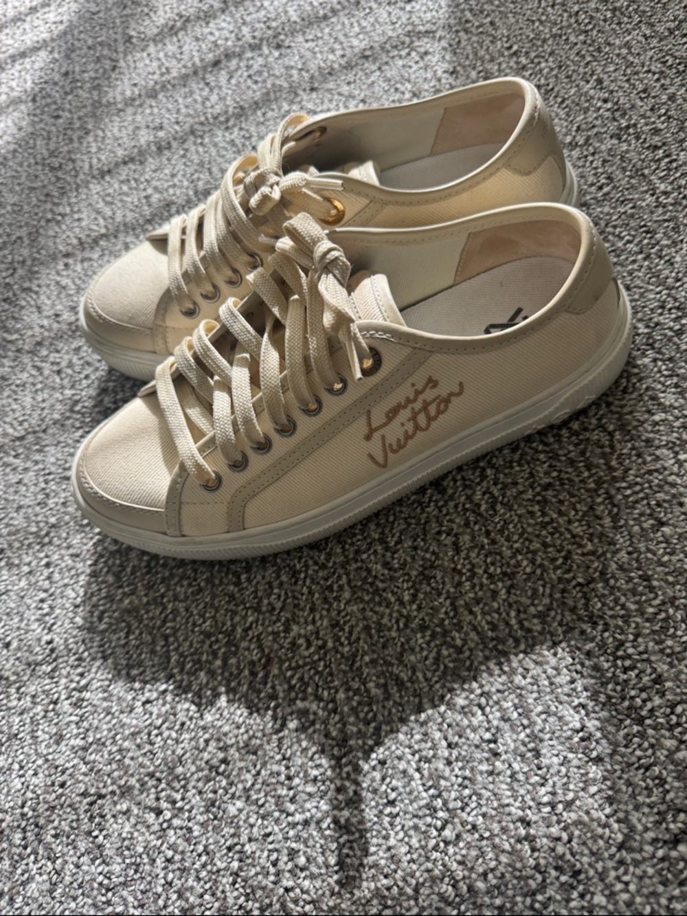 Louis Vuitton Cream Canvas Low-Top Sneakers with Gold Accents